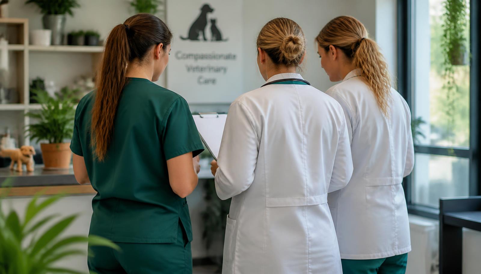 Three Duntahane Veterinary Clinic team members talking together, viewed from behind