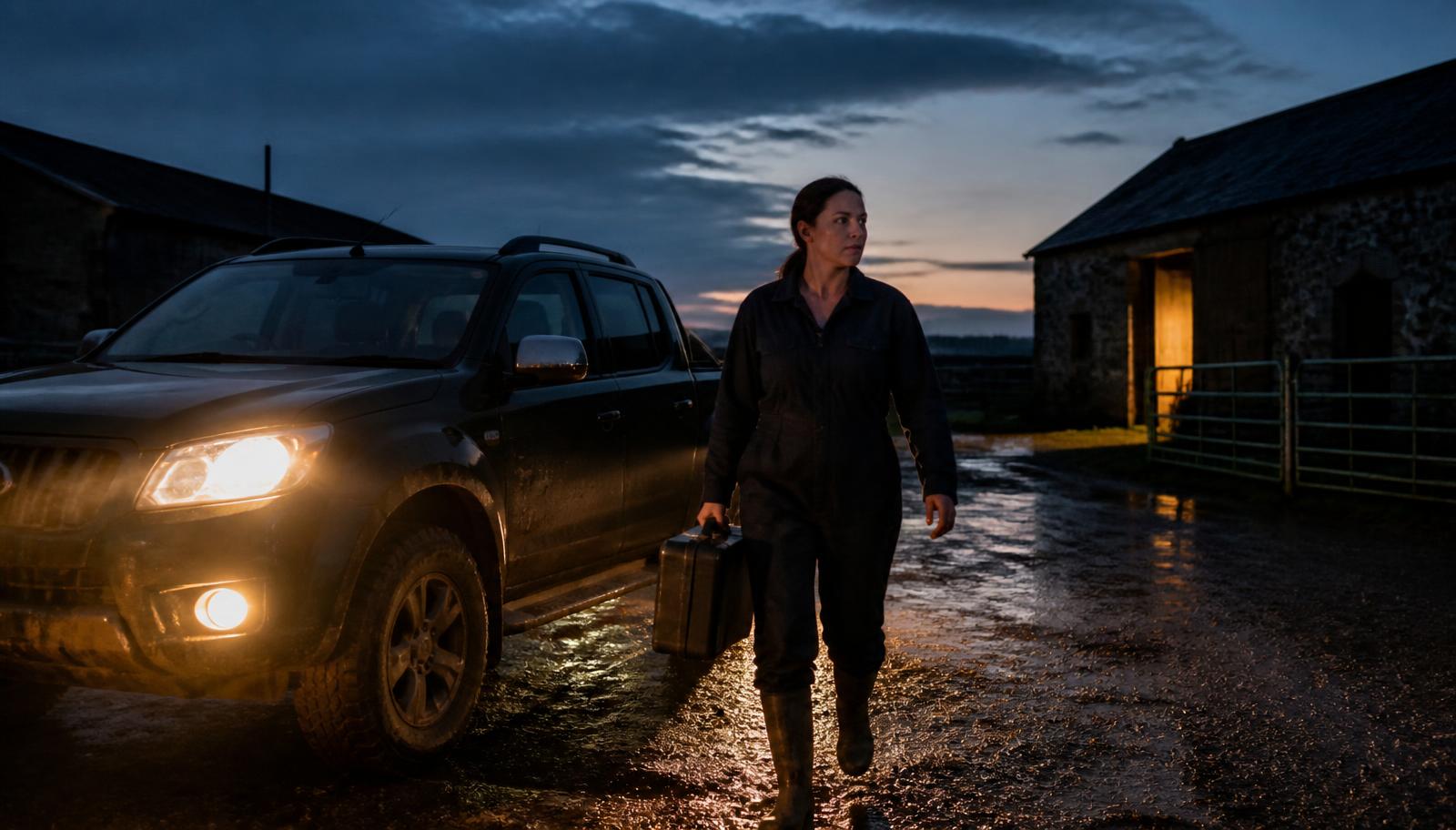 A farm vet arriving at a farmyard at night for an emergency call-out