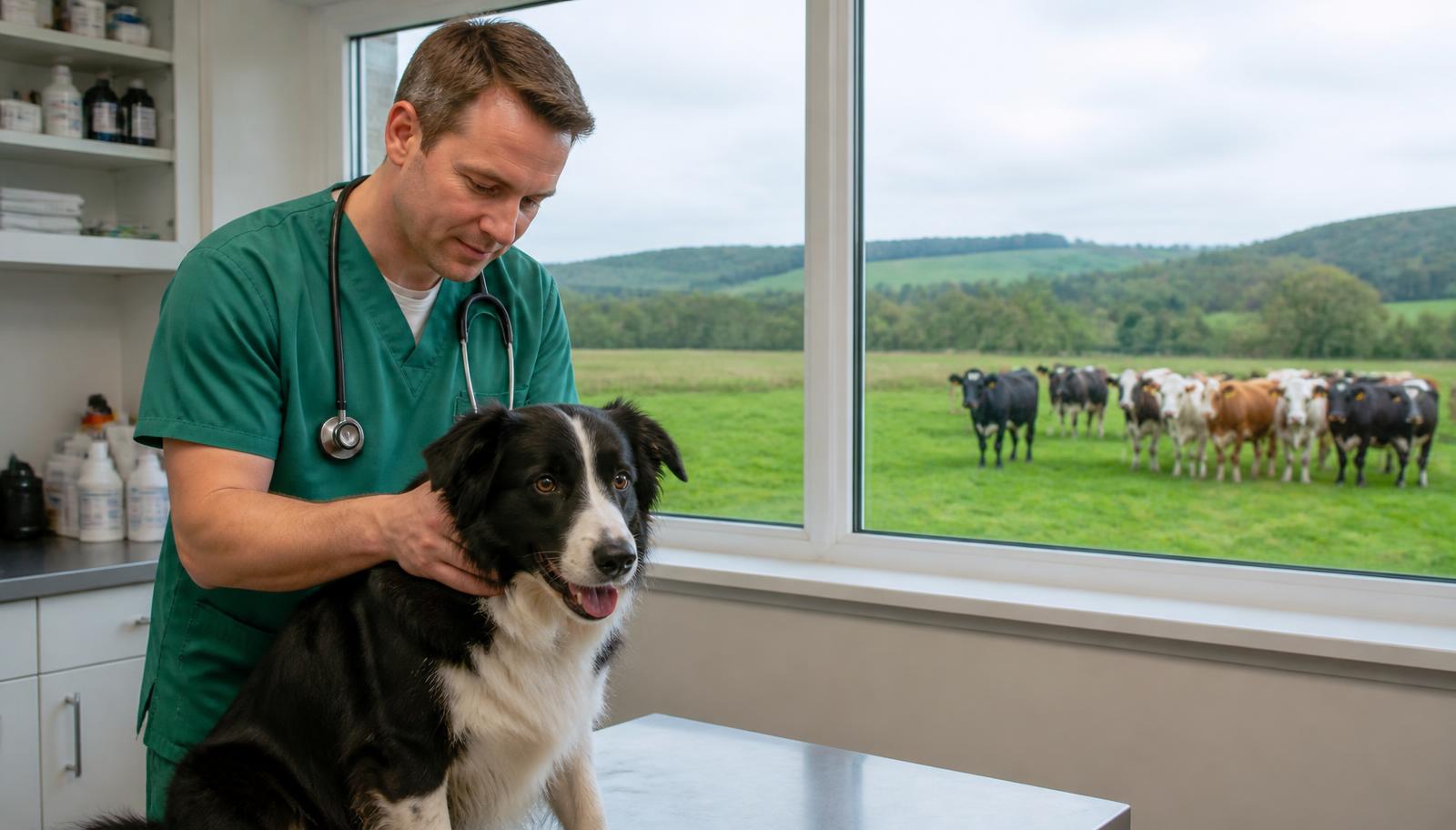 A vet with a collie in the clinic, cattle grazing in the field outside