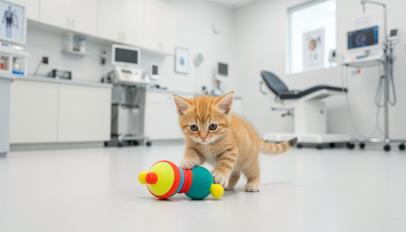 A cute ginger kitten playing with a colourful toy in the clinic