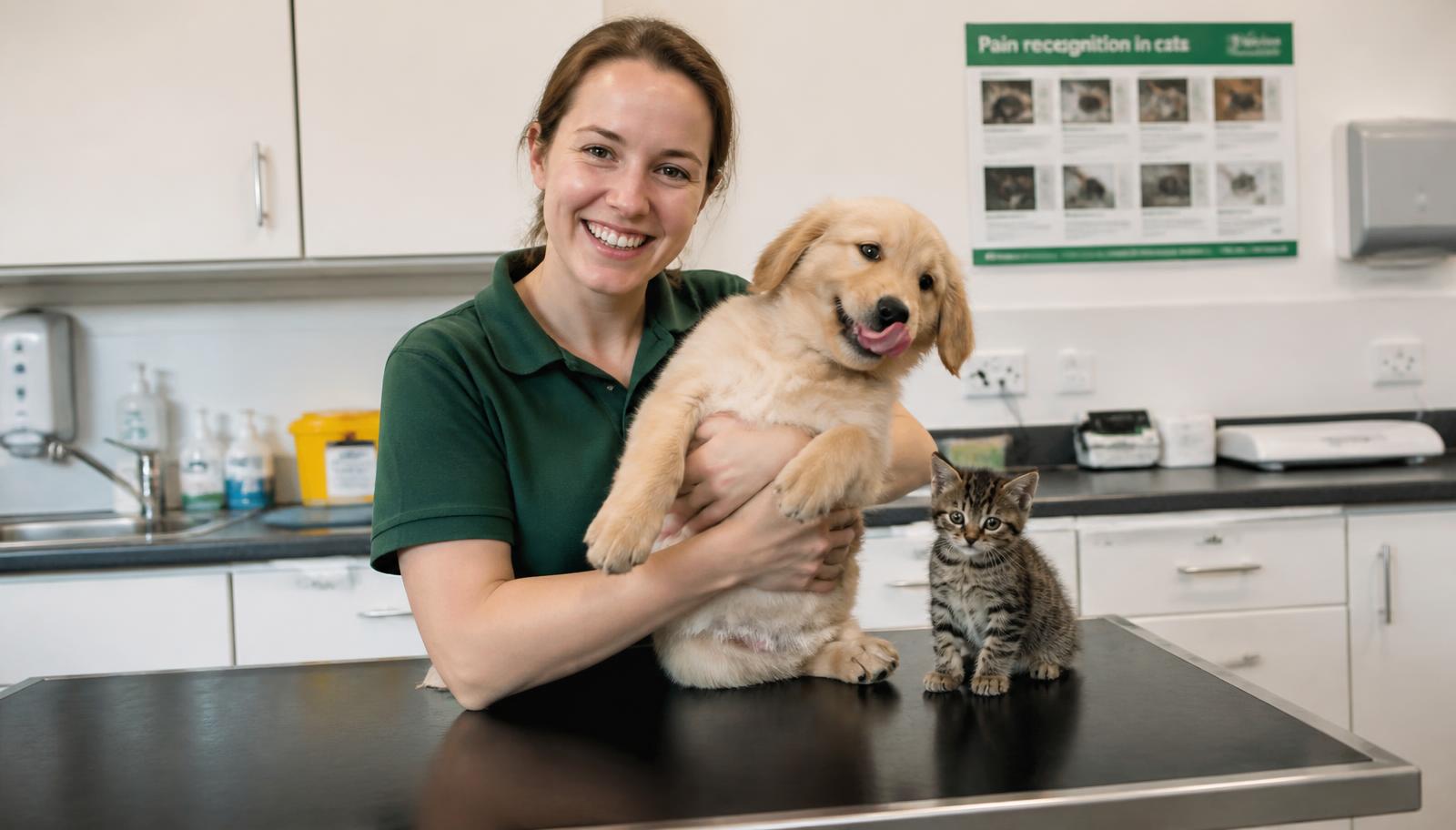 A vet nurse holding a puppy beside a kitten on the exam table