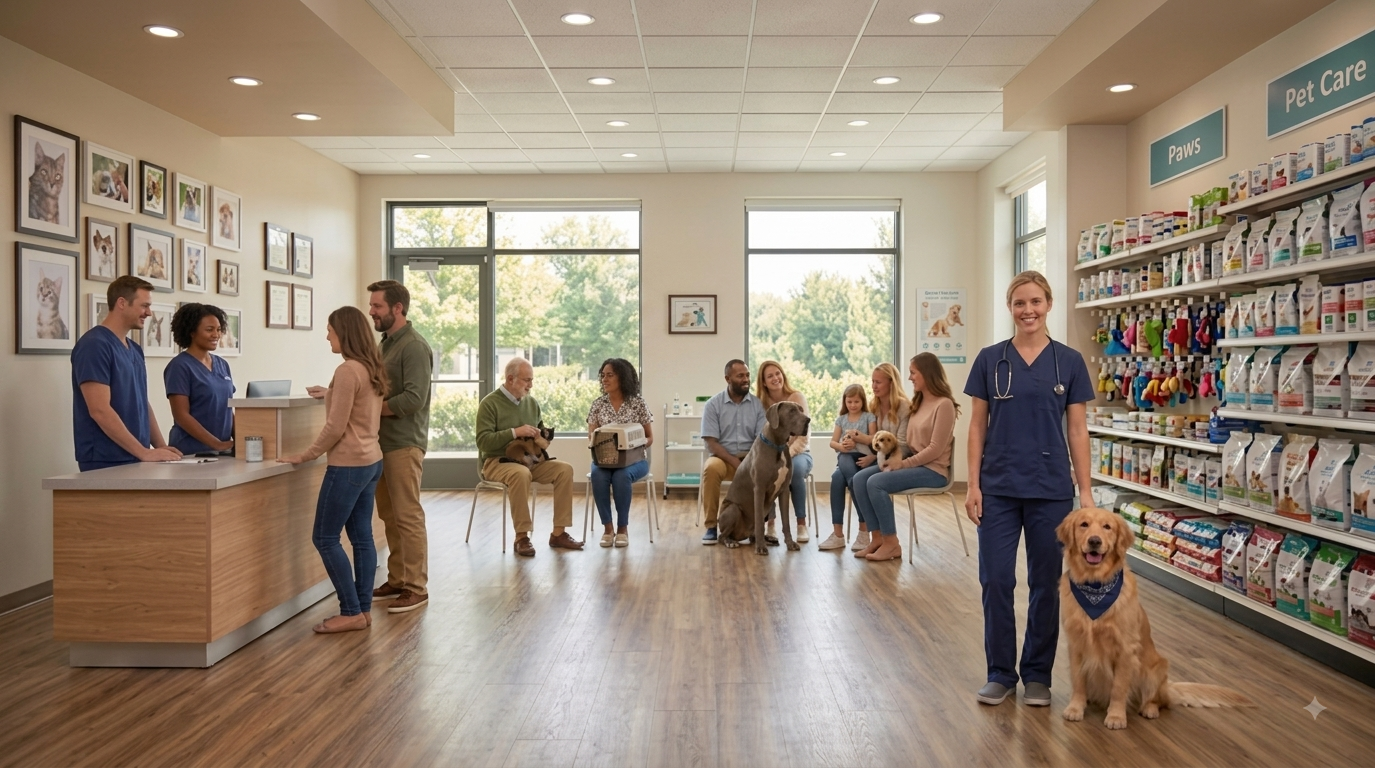 The bright clinic reception and pet care shop with staff and clients