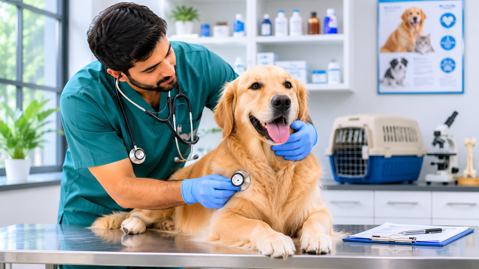 A veterinarian examining a happy golden retriever with a stethoscope