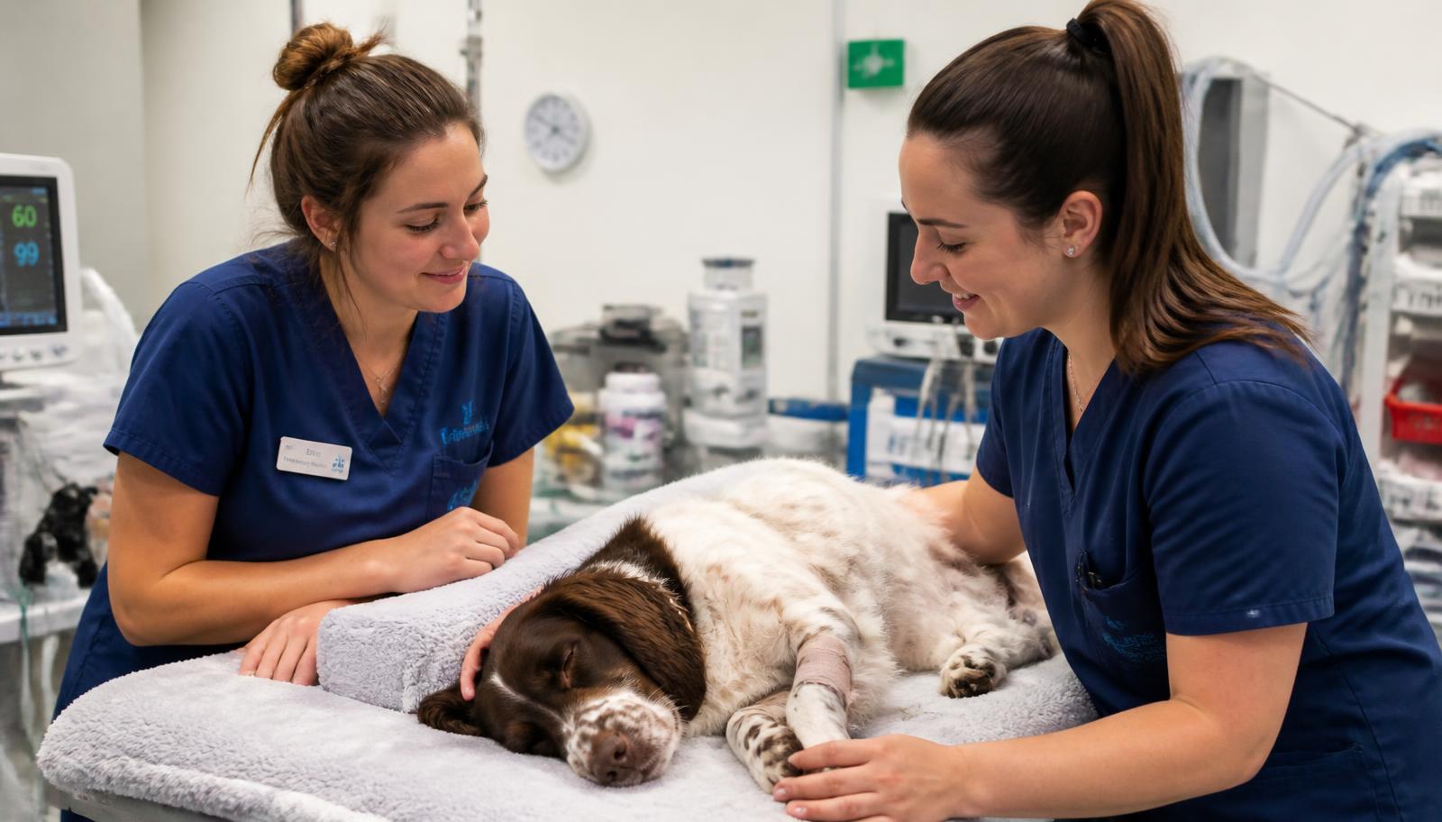 Veterinary nurses caring for a dog recovering after surgery