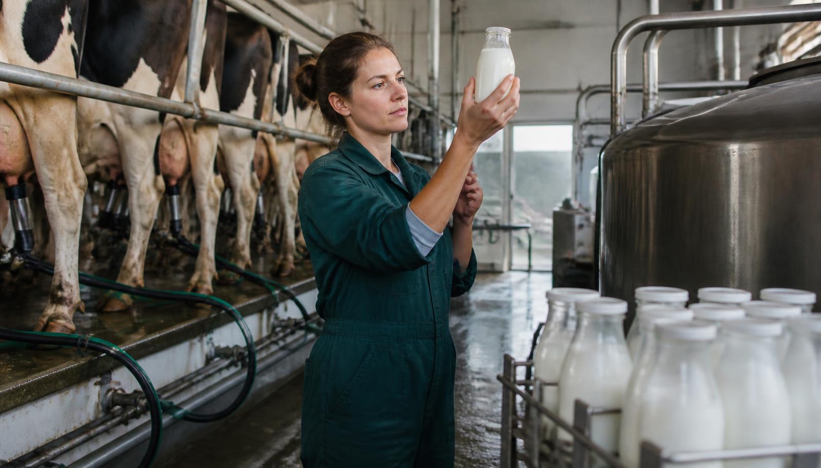 A farmer checking milk quality in a modern milking parlour
