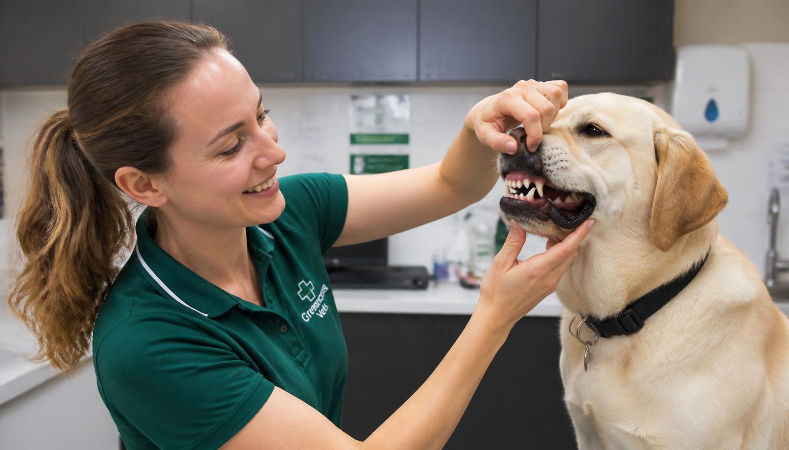 A vet checking a labrador's teeth during a dental examination