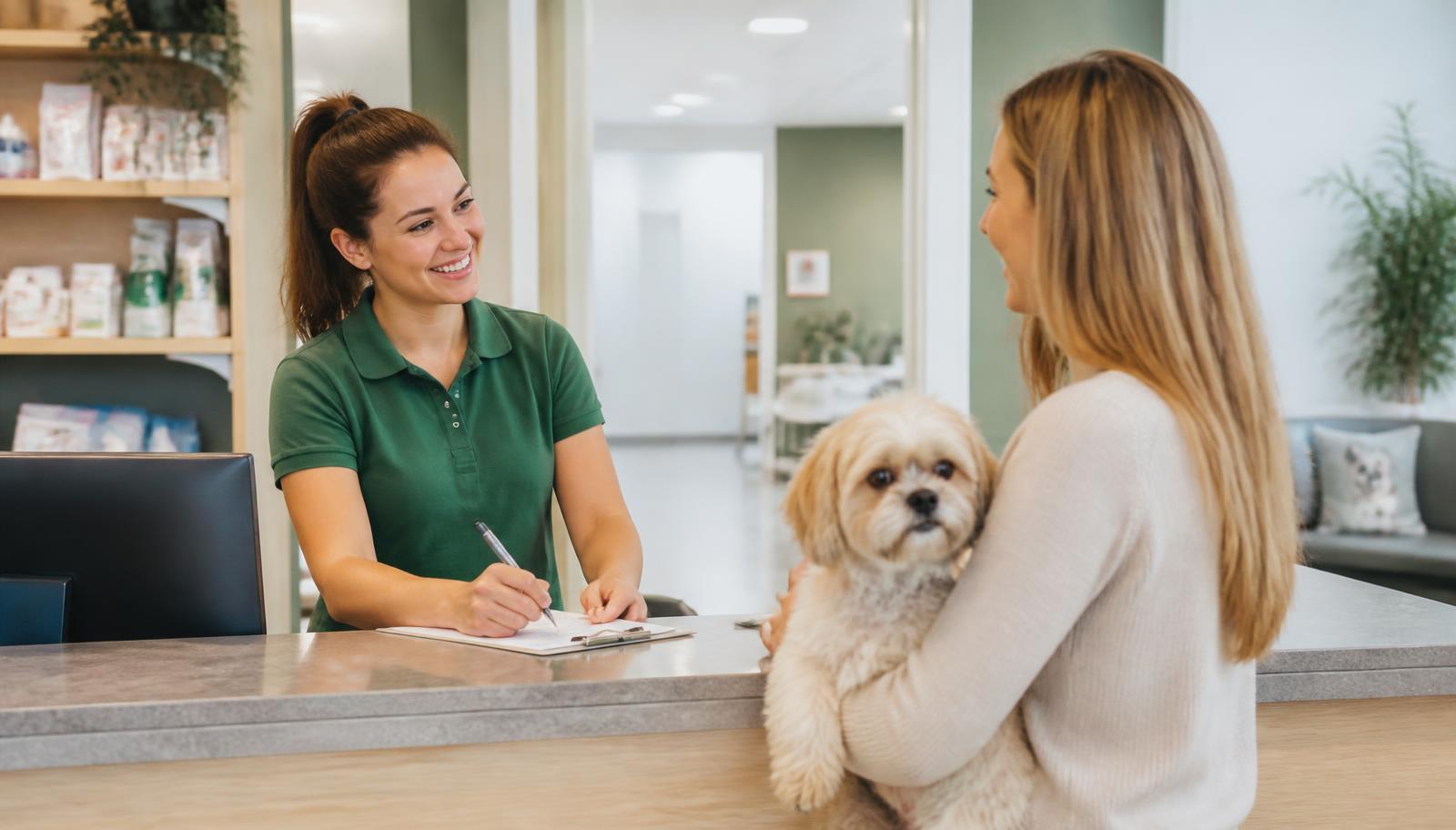 A receptionist booking an appointment for a client holding a small dog