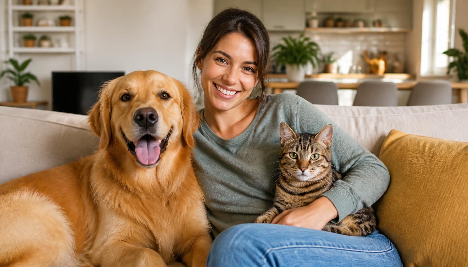 A pet owner at home with a golden retriever and a tabby cat