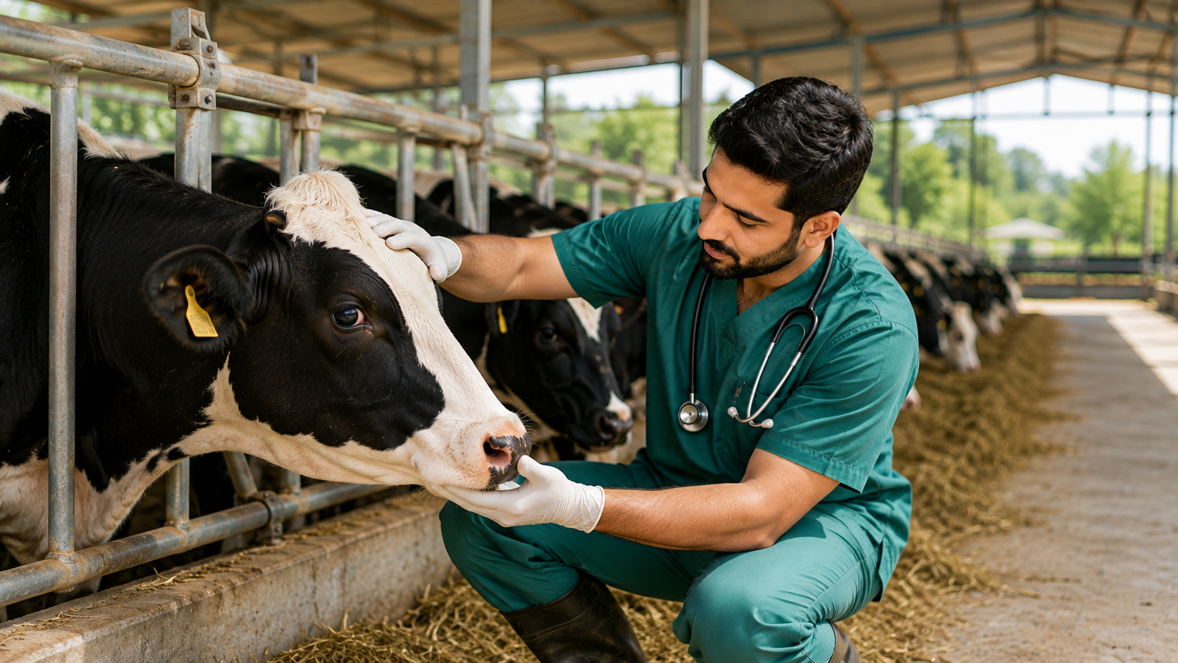 A farm vet checking a dairy cow at the feed barrier in a cattle shed