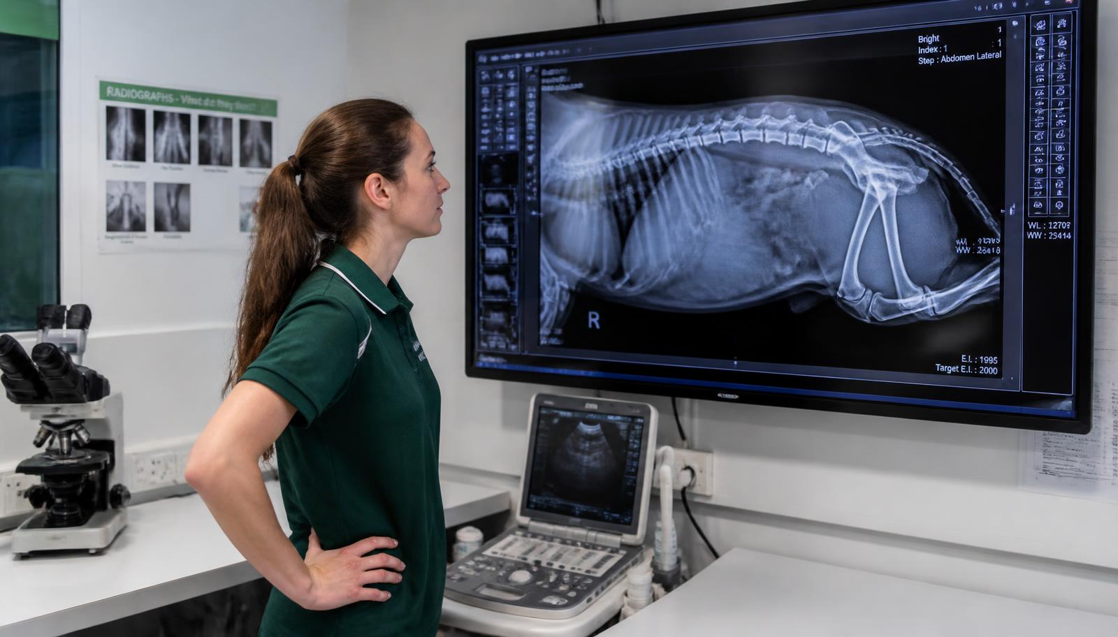 A vet reviewing a pet x-ray beside ultrasound and laboratory equipment