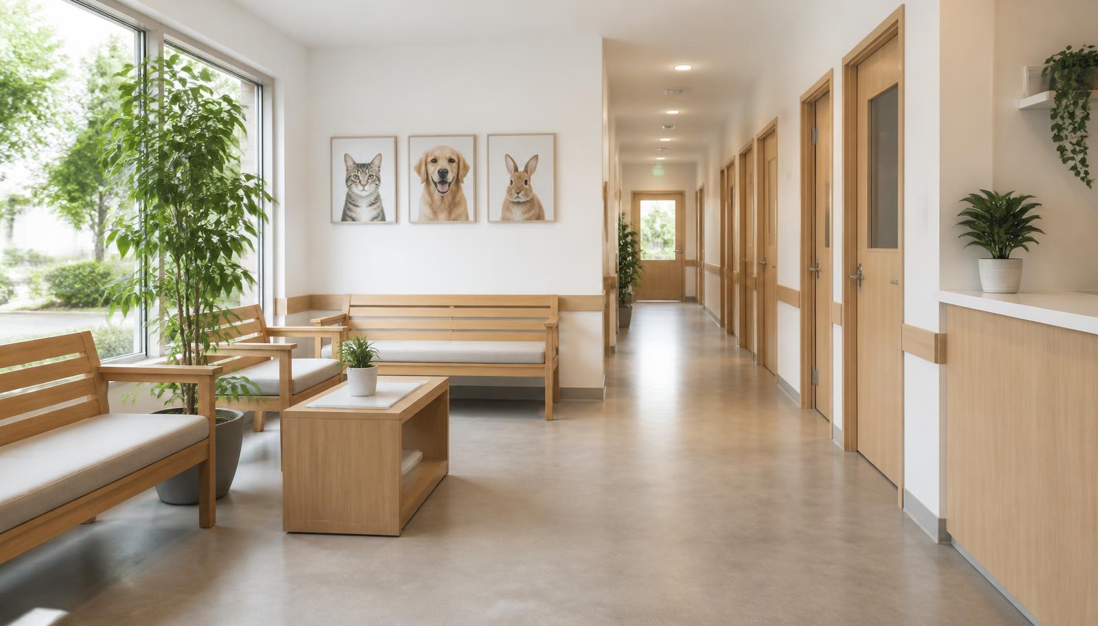The bright waiting area and corridor of the veterinary clinic