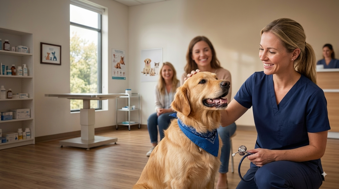 A vet reassuring a golden retriever during a clinic visit