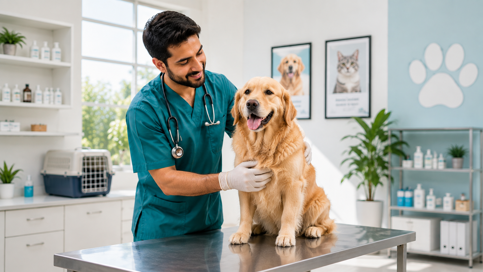 A friendly veterinarian examining a happy golden retriever in the clinic