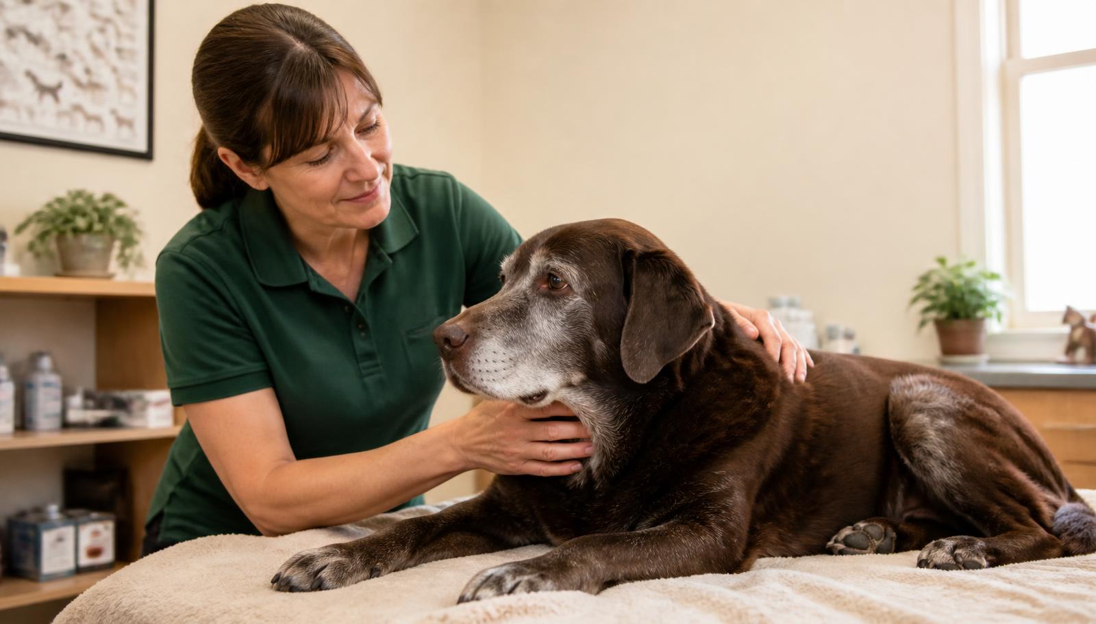 A vet gently caring for an older labrador resting on a blanket