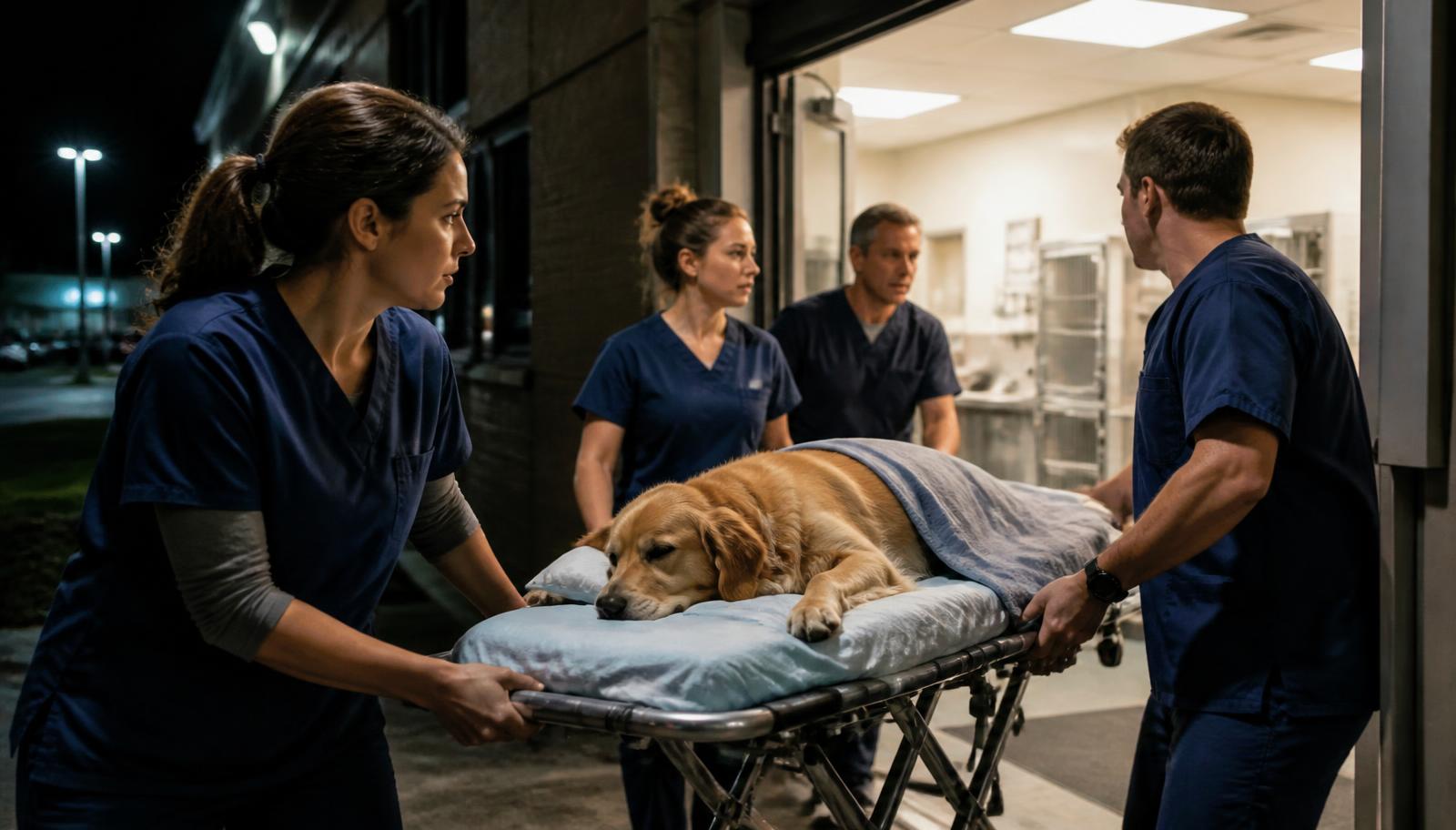 An out-of-hours veterinary team bringing a dog into the clinic at night