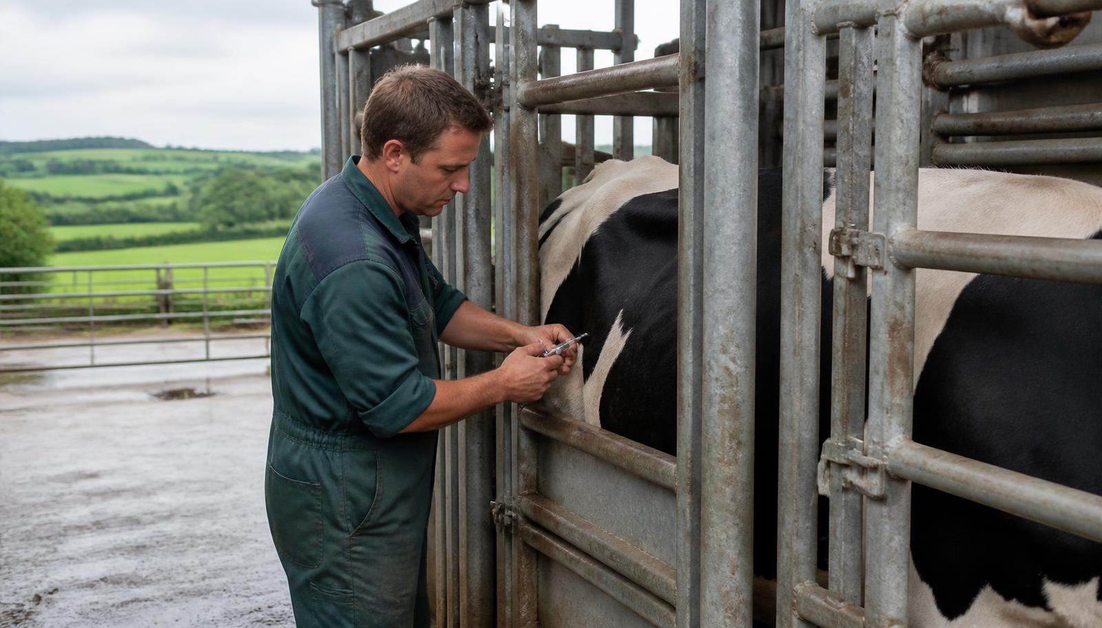 A farm vet TB testing dairy cows in a cattle crush