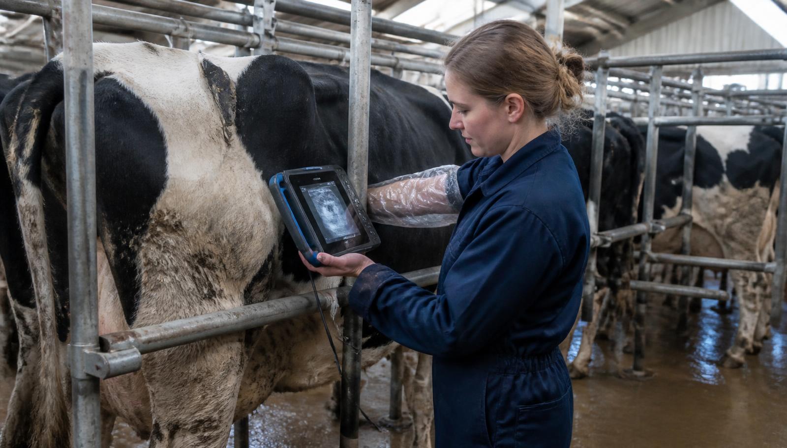 A farm vet scanning a dairy cow with a portable ultrasound
