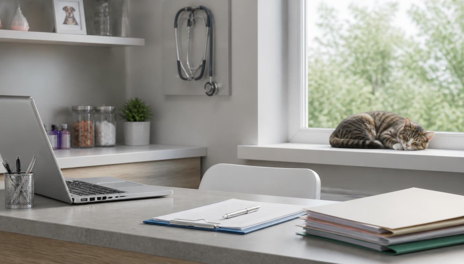 A quiet veterinary office desk with a laptop, files and a sleeping cat