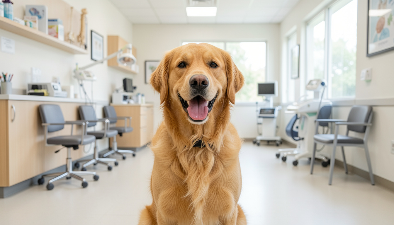A happy golden retriever in the bright clinic treatment room