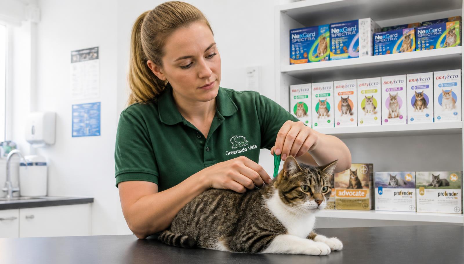 A vet nurse applying a spot-on flea treatment to a cat