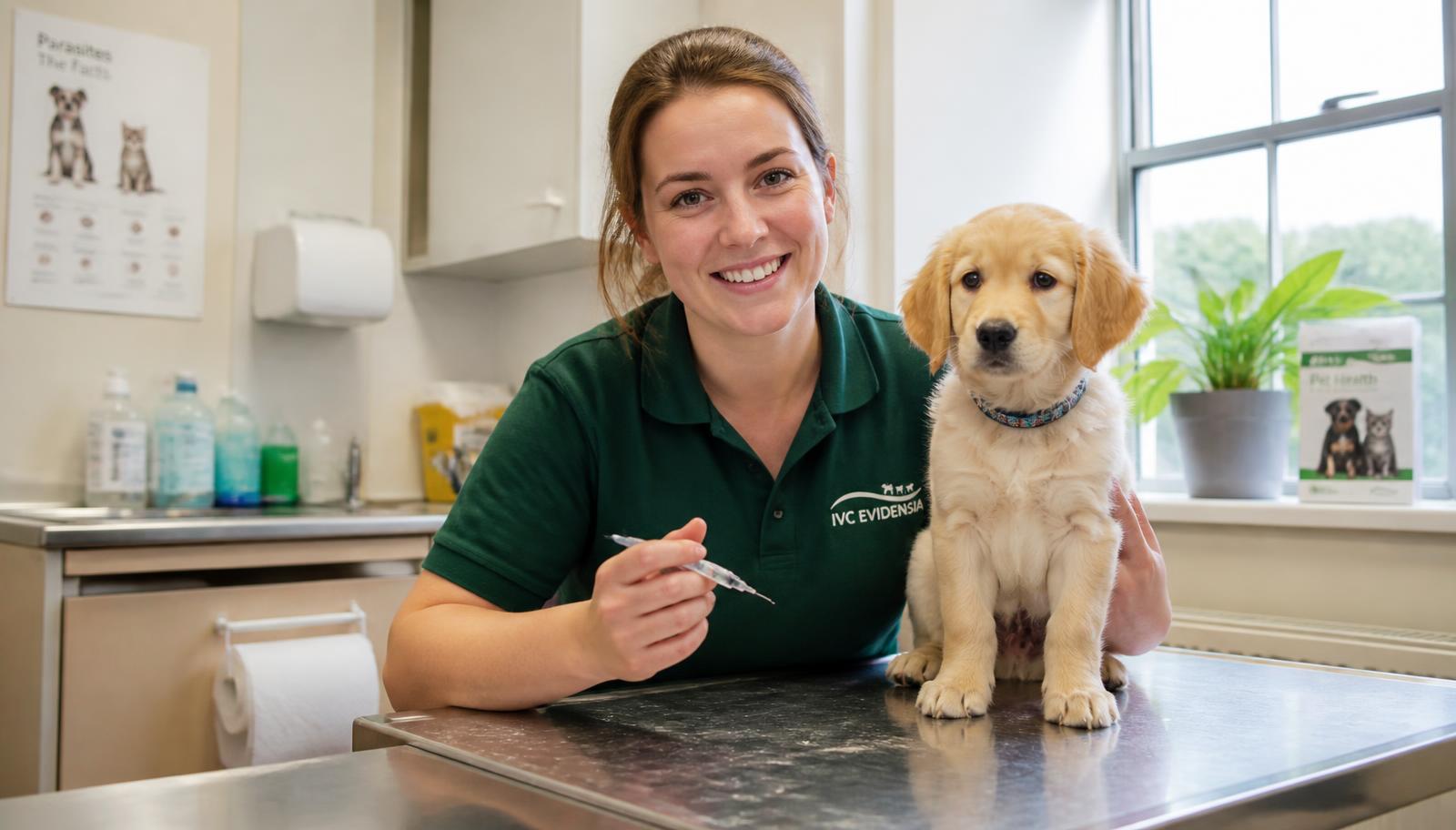 A vet preparing a vaccination for a golden retriever puppy