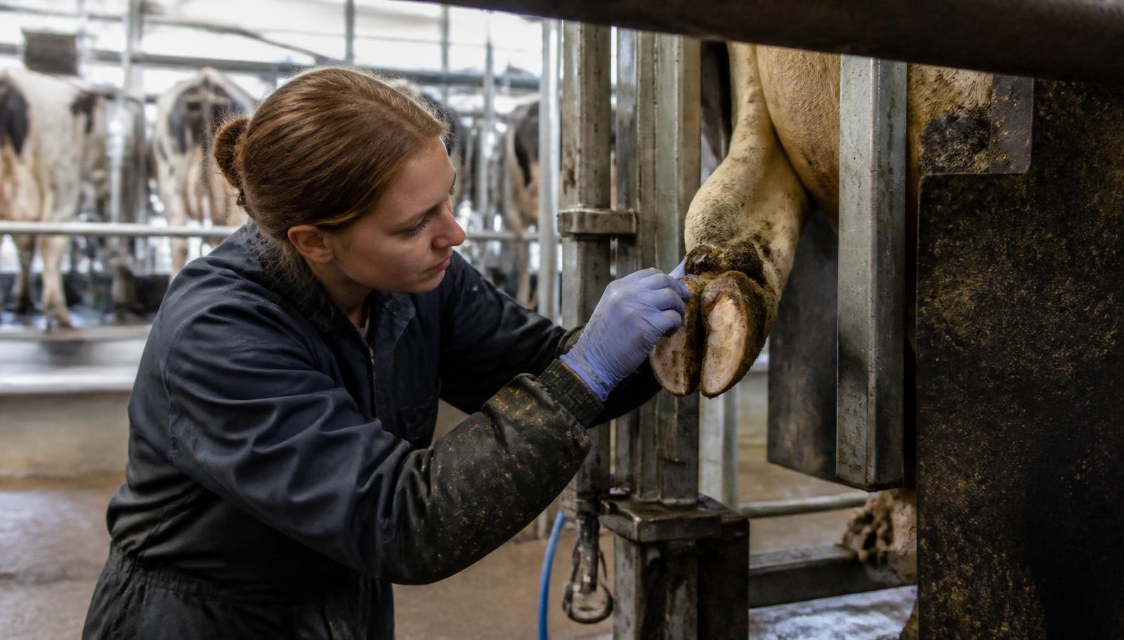 A farm vet examining a dairy cow's hoof for lameness