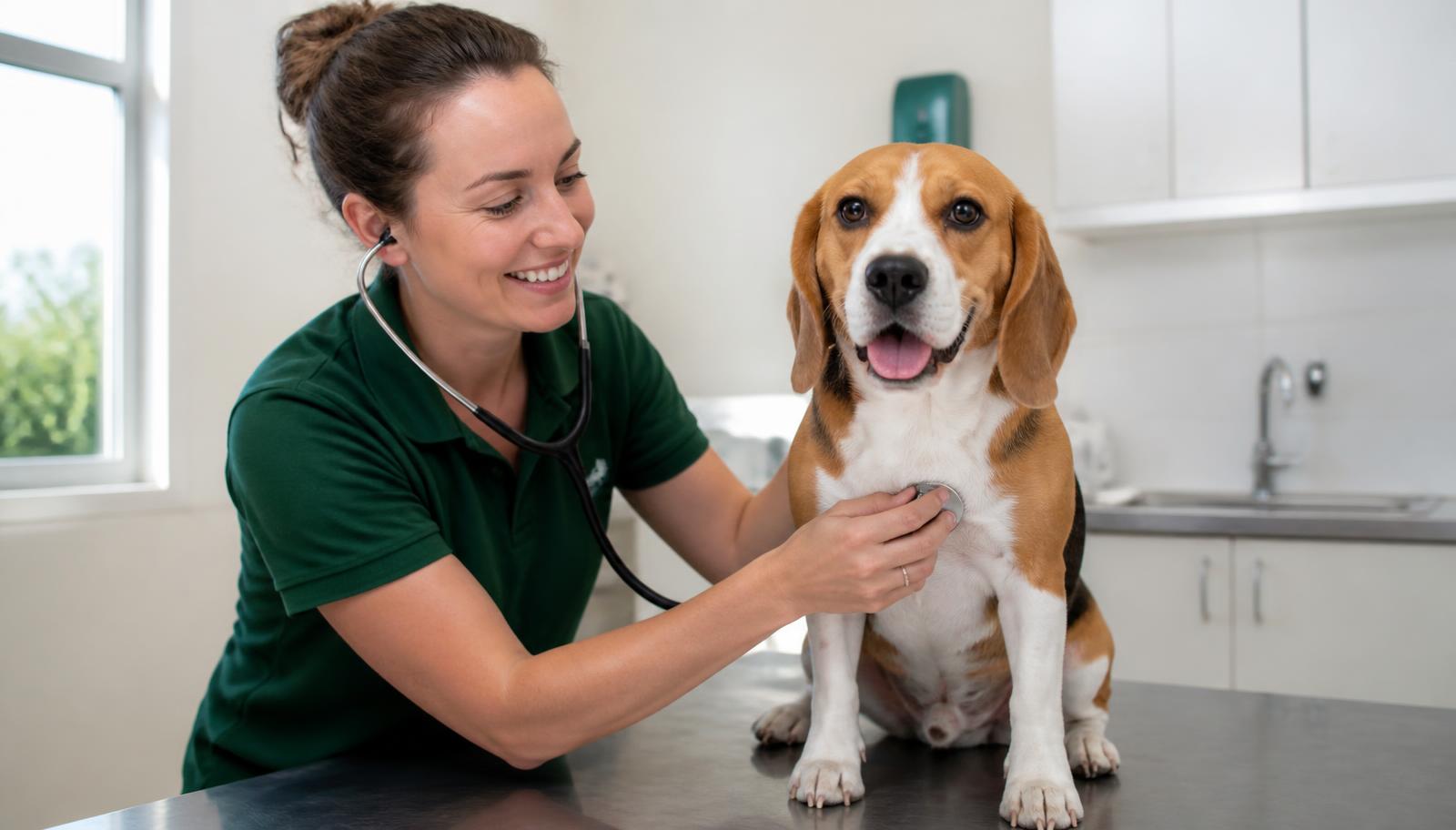 A vet listening to a beagle's chest with a stethoscope