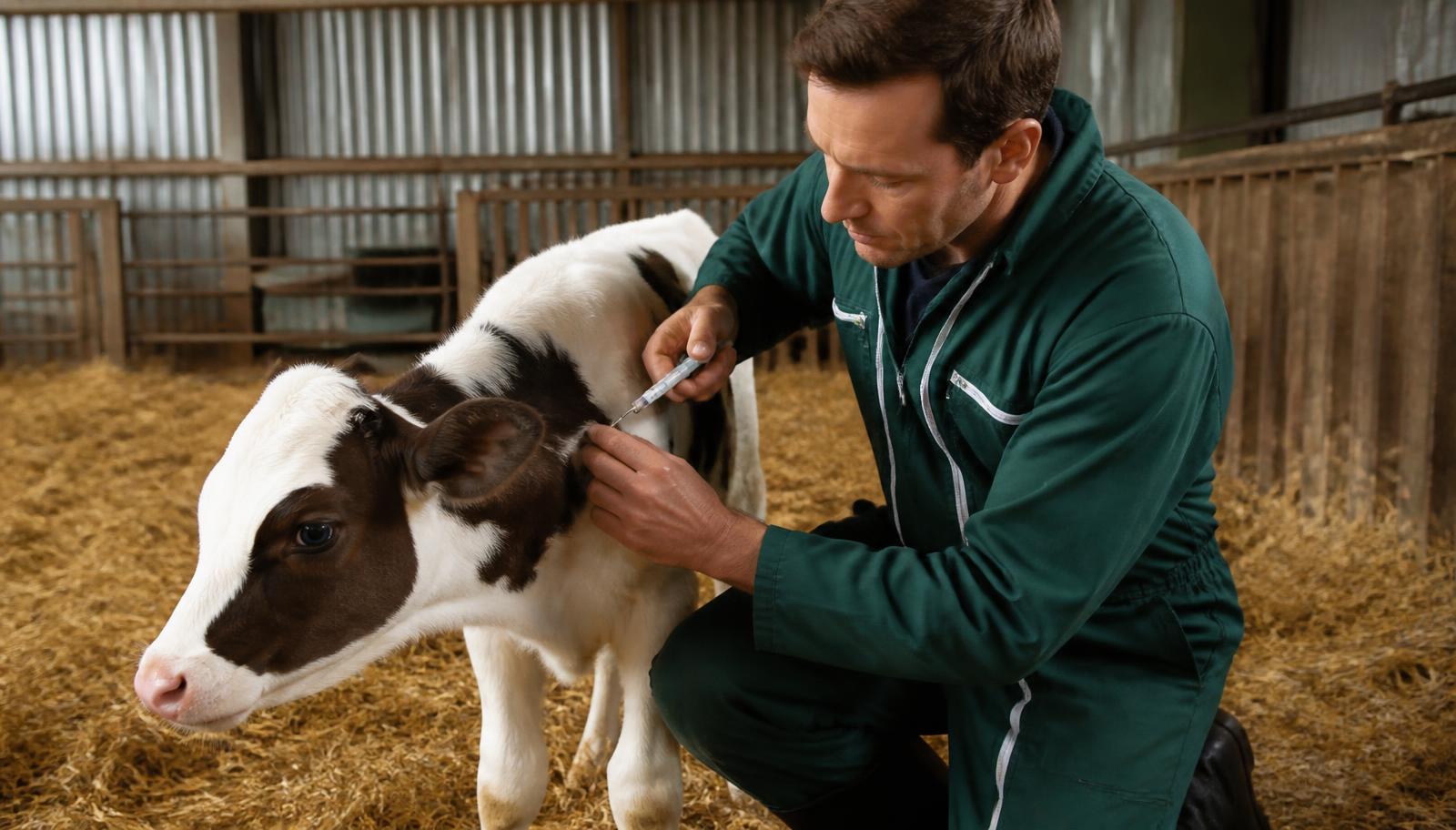 A farm vet vaccinating a young calf in a straw-bedded shed