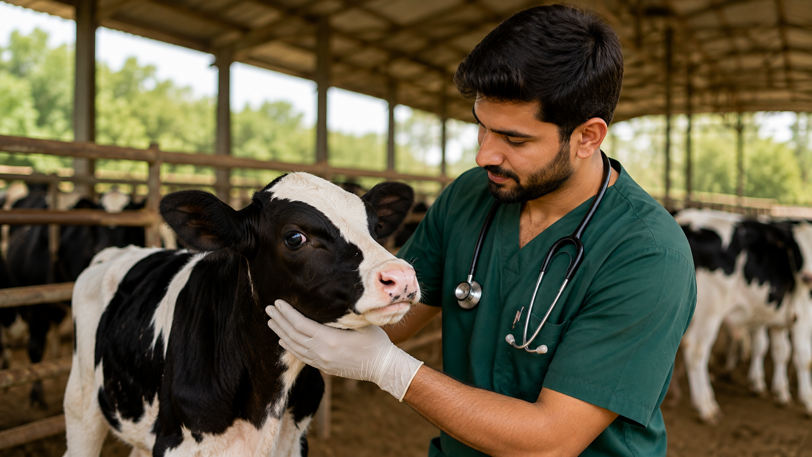A farm vet examining a black and white calf in a covered farmyard